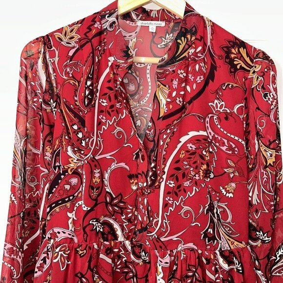 Charlotte Russe Red Floral Boho Long Sleeved Button V-Neck Babydoll Dress Medium - Picture 3 of 10